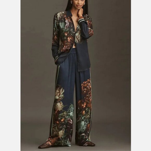 Anthropologie Conditions Apply Imara Satin Wide-Leg Pants Blue Floral MP NWT M P - Picture 2 of 6